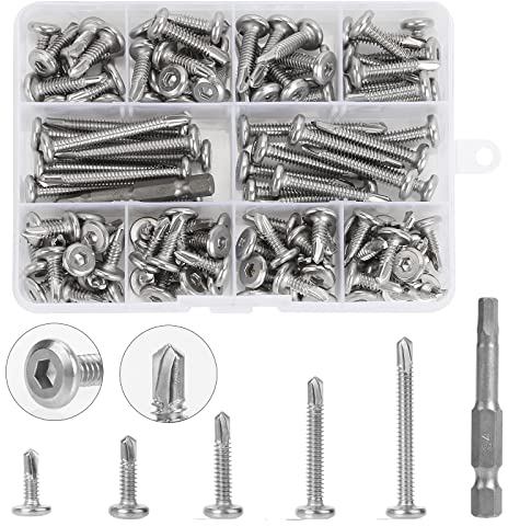 119 Vis Autoperceuses à Tête Plate, M5.5 Vis Autotaraudeuse en Acier Inoxydable Hexagonale, Vis Autoperceuse Kit avec Boîte en Plastique, pour Plastique, Bois, Machines, Construction