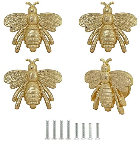 Mizhang Decorative Bee Cabinet Knobs, Metal Zinc Single Hole Bee Knobs Pulls Handles for Kitchen Cupboard Closet Door Furniture Dresser Drawer Hardware Knobs -4pcs (Gold)