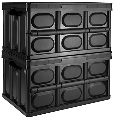TekBox 30L Black Storage Box with Lid Folding Stackable 30 Litre Lidded Plastic Crate Tub Boxes (2)
