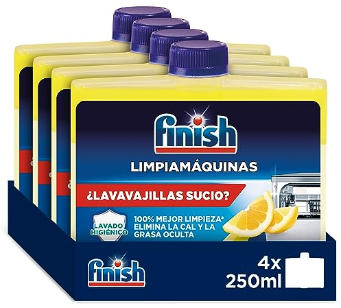 Finish Limpiamáquinas - Limpieza higiénica para el lavavajillas contra el mal olor, la cal y la grasa, líquido, aroma Limón, Pack de 4 unidades de 250ml