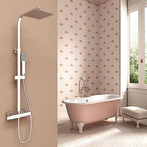 OCEAN ITALY Colonna Doccia Moderno con Miscelatore Termostatico, Saliscendi Doccia Regolabile in Altezza, Soffione Doccia in Acciaio Inox con Rubinetto in Ottone, Barra e Doccino a Mano Quadrati