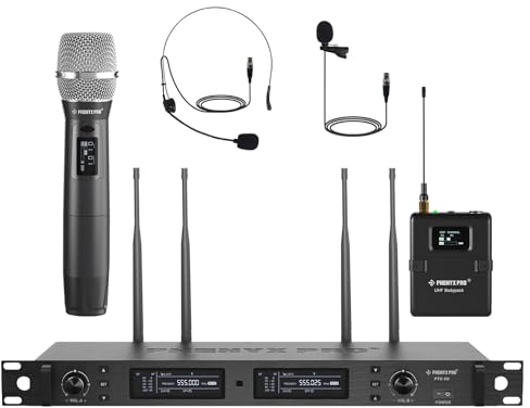 Phenyx Pro Sistema de microfonía inalámbrica, Doble Diversidad Real con micrófonos de Mano/petaca/Diadema/Solapa UHF, exploración automática, 2x1000 Canales para Escenario y Estudio (PTU-2U-1H1B)