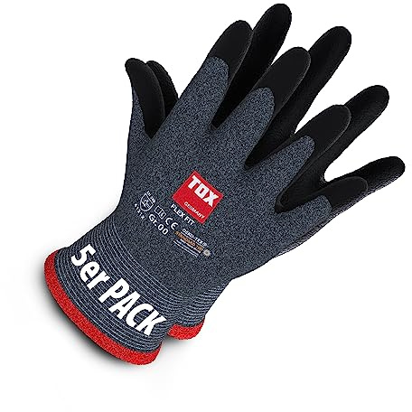 TOX Montagehandschuhe Flex Fit, Nylonfeinstrick mit Micro-Nitrilschaum Beschichtung an Handinnenfläche und Fingerkuppen, Grau/Schwarz, abriebfest und vielseitig einsetzbar, 5 Paar, Größe 9, 006900109