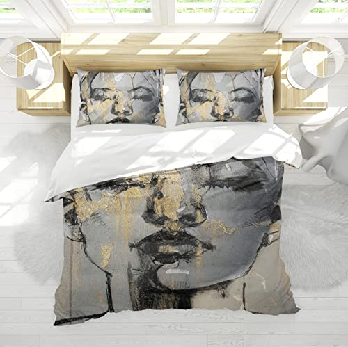 HOBBOY Dunkelgraue Bettwäsche-Bettbezug-Sets Mädchen Avatar Muster Gedrucktes 3-teiliges Bettwäsche-Set 1 Bettbezug mit Reißverschluss 2 Kissen Shams 180x200 cm