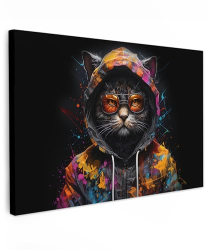 MuchoWow© Leinwandbild 90x60 cm Dekoration Wohnzimmer Bilder Aufhängen Wall Decoration Living Room Wohnungs Deko Moderne Banksy - Street Pop Art - Katze - Mantel - Graffiti - Brille