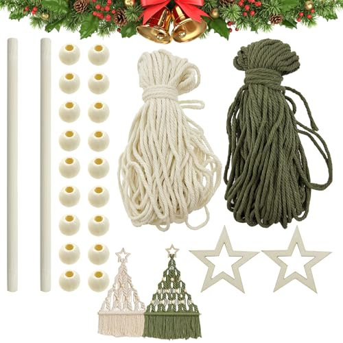 Auswalar 2 PCS Christmas Tree DIY Kit, Macrame with Wooden Beads Boho Decor Christmas Hanging Ornaments for Holiday Wall Hanging, Make Your own Bohe Christmas Tree DIY Kit for Beginners
