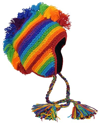 Gheri Herren-Mohawk-Mütze aus schwarzer Wolle in Regenbogenfarben