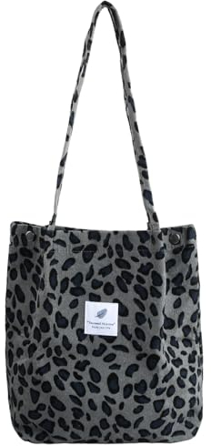 Canvas Tasche Tote Groß Damen Stofftasche Cord Shopper Handtasche Schultertaschen Cord Tasche Damen Tote Bag Kord Handtasche für Alltag, Büro, Schulausflug und Einkauf (Graues Leopardenmuster)