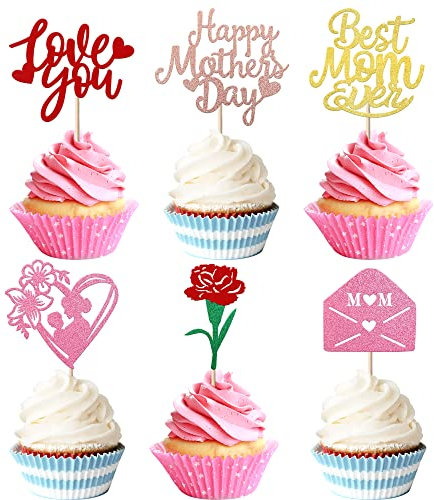 SYKYCTCY 24 Pack Happy Mother's Day Cupcake Toppers Glitter Rose Mailbox Love You Mom Cupcake Picks Best Mom Ever Cake Decorations for Mother's Day Party Supplies Colorful