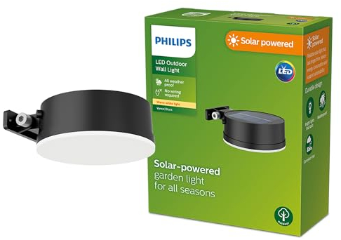 Philips Outdoor Solar Vynce Wandleuchte 1,5W, Tageslichtsensor, rund, 2700 Kelvin, IP44 wetterfest, schwarz