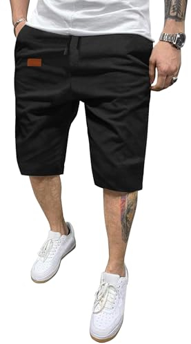HMIYA Kurze Hosen Herren Baumwolle Chino Shorts Sommer Freizeitshorts Elastische Taille mit Taschen(Schwarz,EU-L)
