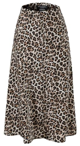 SASSYCLASSY Langer Leoparden Rock Damen Elegant - Midi Leo Muster in A-Linie - Gelb Braun Schwarz - Fließender Stoff Mit Elastischer Taille - Animal Print - Größe M