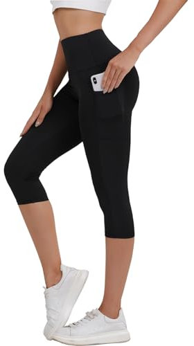 Merlvida Capri Leggings Damen High Waist 3/4 Sport Leggins mit Taschen Blickdicht Kurze Sporthose Elastische Sportleggins Schwarz 7/8 Hose Sommer für Yoga Gym Fitness