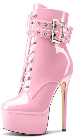 Aachcol Femmes Aiguille Haut High Talon Heel Plate-forme Bottines Rond Bout Lacets Fermeture à Glissière Mi Mollet Boucle Dress Bottes