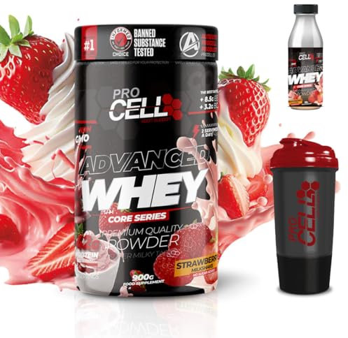 PACK Procell Proteinas Whey Advanced 900gr (Strawberry Milkshake)+ Batido Monodosis + Shaker REGALO Proteina Whey concentrada Gana masa muscular, proteina en polvo Batidos de Proteina