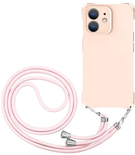 CAROKI Crossbody iPhone 12 Case, Lanyard Protective Liquid Silicone Case with Adjustable Length Detachable Lanyard Rope Shockproof Hands-Free Phone Cover for iPhone 12 6.1-Pink