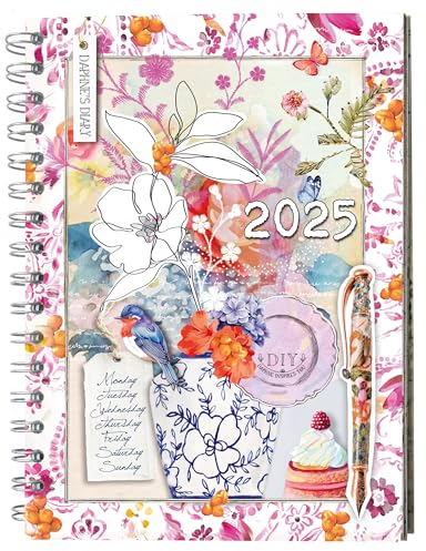 Daphne's Diary Taschenkalender 2025 | Täglicher Kalender mit kreativen Designs, ausklappbaren Monatsübersichten, Einkaufslisten | Dekorativer Wochenplaner, Scrapbook voller Kunstpapier