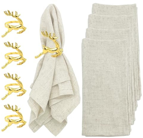 4er Pack Weihnachten Stoffservietten Beige, Leinenservietten mit 4 Serviettenringe Gold Elch, Leinen Tischdecke, für Täglichen Gebrauch Zuhause Party Hochzeiten,Tisch deko,40X40cm