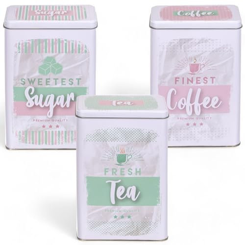 MIJOMA 3-teiliges Retro Metall-Dosen Set mit Deckel, Vintage Design – Vorratsdosen für Kaffee, Tee, Zucker – Kaffeedose, Teedose, Zuckerdose, 19 x 11 cm (Rosa-Mint-Weiß)