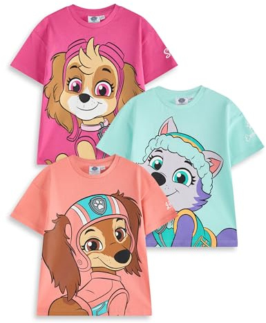 Paw Patrol Girls T-Shirt Set | Kids 3 Pack of Short Sleeved Tees with Big Character Graphic Print | Skye Everest Liberty Cartoon Characters | Childrens Animated TV Series Apparel Merchandise Gift