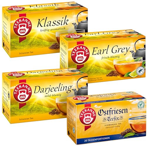Teekanne Schwarztee 4er Set, Feinster Earl Grey, Edler Darjeeling, Klassik & Ostfriesen Teefix (4x20 Teebeutel), Aromatischer Schwarztee für Teeliebhaber, Hochwertige Teemischungen für Teegenuss