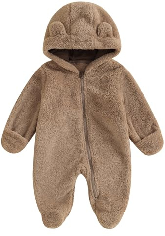 Siyova Baby Boys Girls Winter Jumpsuit Newborn Cute Bear Snowsuit Fleece Long Sleeve Footed Hooded Zipper Romper Winter Coat Outwear Warm Outfits