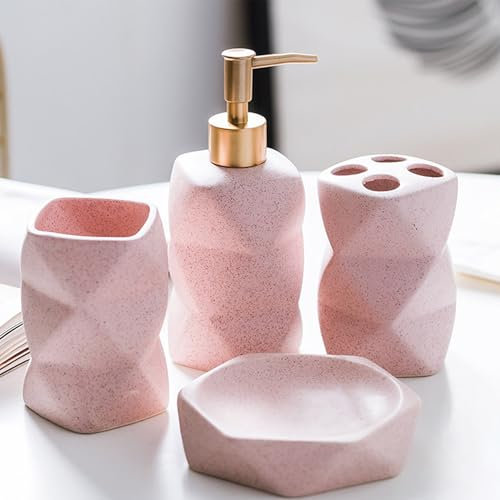 Bathroom Accessory Set,4 Pcs Pink Bathroom Accessories Sets,Soap Dispenser & Soap Dish & Toothbrush Holder & Tumbler,Modern Bathroom Decor,Housewarming Dormitory Apartment Home Essentials