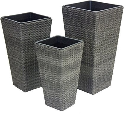 CB Home & Style Pflanztöpfe Rattan 3er Set Grau Pflanzkübel Pflanzenkuebel Blumentopf Blumenkübel Kunststoff Pflanztopf