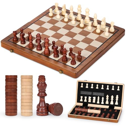 Hnyoou Magnetic Wooden Chess Set,16 in Chess Board Set,Portable Storage Folding Board,Chess Board Set Game for Kids/Children/Adults, Walnut