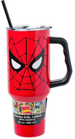 Silver Buffalo Marvel Spider-Man Stainless Steel Tumbler with Handle, Fits in Standard Cup Holder, 40 Ounces