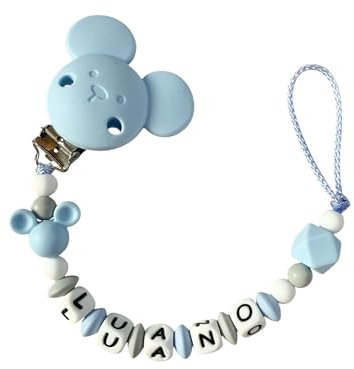 Personalisiertes Baby Geschenk, Halter Kette mit Namen Silikon blau grau Maus