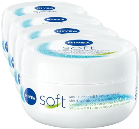 NIVEA Soft erfrischende Feuchtigkeitscreme (200 ml), leichte Creme mit Vitamin E und 100% natürlichem Jojoba-Öl, schnell einziehende Hautcreme für fühlbar entspannte Haut (Packung mit 4)