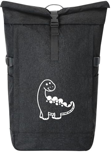 Huuraa Kurierrucksack Apatosaurus Dinosaurier Geschenk | 30-44 Liter Backpack Black Melange Fairtrade Rolltop Rucksack Geschenkidee Schwarzer Laptop-Rucksack passend für 17-Zoll