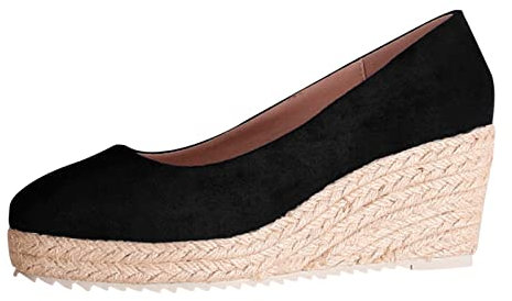 Espadrillas da donna con zeppa, punta chiusa, eleganti sandali con zeppa e plateau, comodi sandali a blocco, scarpe da passeggio, Nero , 38 EU