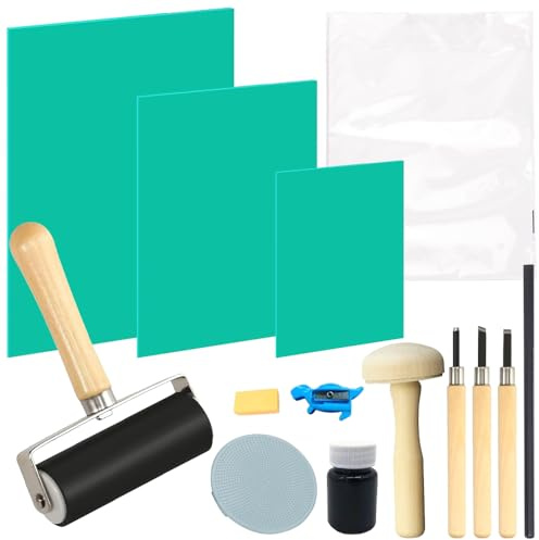LUFEIS 43PCS Lino Printing Kit, 3PCS A4 A5 A6 Lino Sheets with Cutting and Printing Tools & 30 Sheets of Rice Paper, Green Soft Flat Surface Linocut Set for Engraving, Printmaking, DIY Stamp Crafts