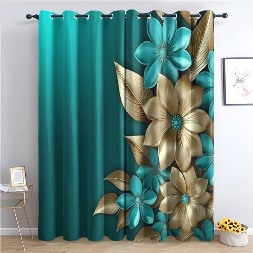 QEODAH Türkis Vorhänge Türkis Gold Blumen Abstrakt Verdunklungsvorhänge, Vorhang Blickdicht Gardinen mit Ösen, Schlafzimmer Wohnzimmer Kinderzimmer Deko, Thermovorhang 2er Set H 220 x B 140 cm