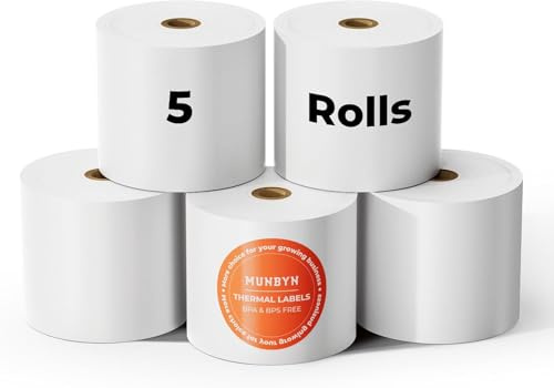 MUNBYN Rouleaux de Caisse 80 mm x 80 mm x 80 m– 65g/m² Rouleau Thermique Compatibles pour Imprimantes Epson, NetumScan et systèmes de caisse Square POS – Sans BPA et certifié FSC【5 Rouleaux】