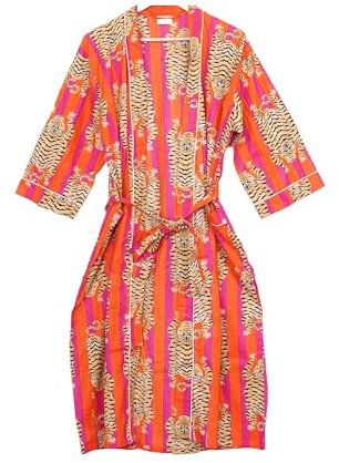 INDACORIFY Kimono-Robe mit Tiger-Print, Lange Robe in Einheitsgröße, Bedrucktes Bademantel-Nachthemd, Baumwoll-Kimonos für Frauen