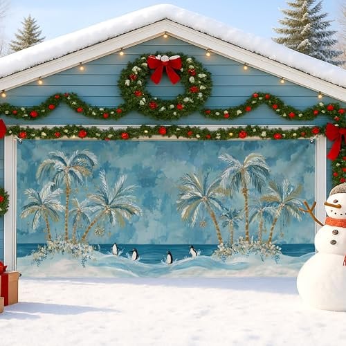 Tropische Winter-Garagentorabdeckung, blaue Palmen, große Garagentor-Dekorationen, Urlaub, Innen- und Außenbereich, Weihnachtsfeier, Hintergrunddekoration, 395 x 180 cm