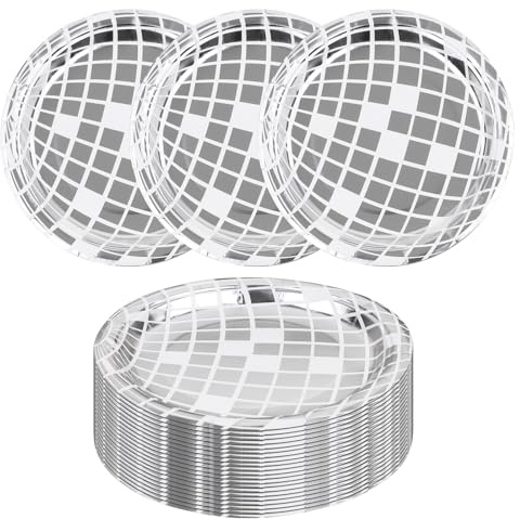 HotoPink 25 Pcs Disposable Disco Ball Plates, 7 Paper Disco Ball Plate Silver Foil for 70s Disco Bachelorette Party, Paper Dinner Plates Party Supplies for Wedding Birthday Rock Roll Dance Music