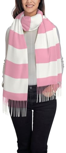 Hnnkloy Rosa und weiß gestreift,Damenmode-Schal aus Kaschmirimitat, leichter Schal mit Quaste, 197 x 72 cm
