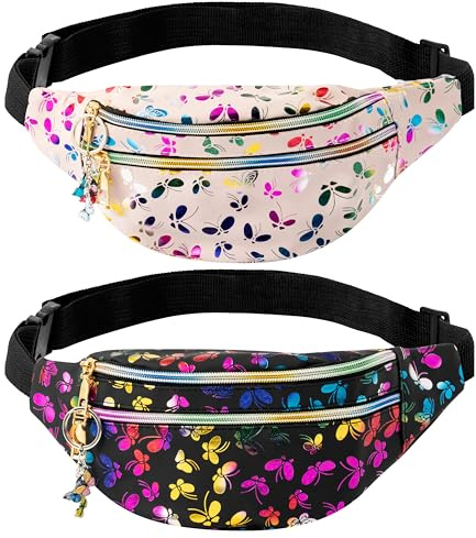 E1mity 2 Stück Glitzer Bauchtasche für Damen Mädchen, Druck Gürteltasche | Holografischem Schmetterlings mit 2 Schmetterling-Schlüsselanhänger für Karneval 90er Jahre Retro-Outfit(Rosa+Schwarz)