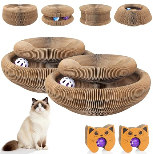EXTFANS Tiragraffi per Gatti Interattiva con Palla Giocattolo | Cuccia per Gatti Rotondo Pieghevole, Tiragraffi per Gatti per la Casa per Animali Domestici (Set da 2)