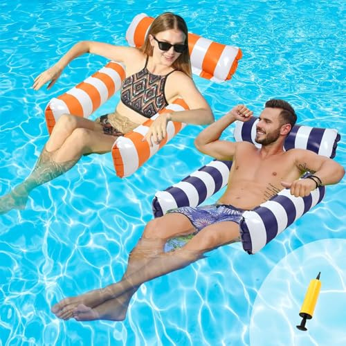 Amaca Galleggiante, 2 Pezzi Materassino per Piscina 4 in 1, Amaca Mare con Pompa ad Aria, Amaca Gonfiabile Piscina Poltrona Galleggiante Piscina (Blu profondo+Arancione)