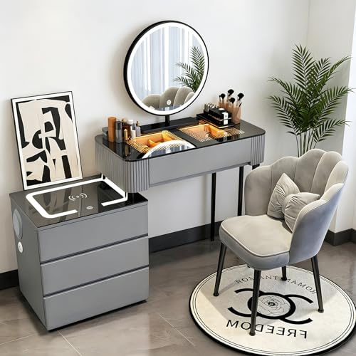 Schminktisch mit Spiegel & Wireless-Ladefunktion, Frisiertisch mit Stuhl , Moderner Toilettentisch mit Aufbewahrung, Kosmetiktisch für Schlafzimmer, Multifunktionaler Schminkkommode (Grau, 80cm)
