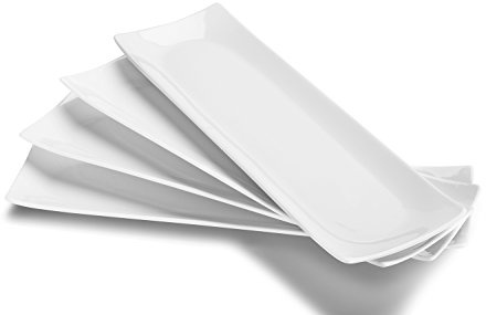 DOWAN 14 Sushi Plate Set of 4 - Long Rectangle Plates and Cracker Trays for Serving - White Ceramic Platters for Party and Entertaining - Dishwasher & Oven Safe