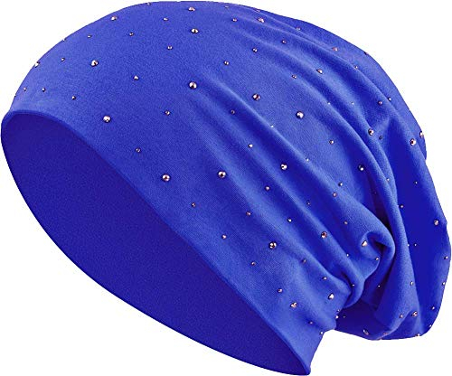 Jersey Baumwolle elastisches Long Slouch Beanie Unisex Herren Damen mit Strass Stern Steinen Mütze Heather in 35 (7) (Royal Blue)