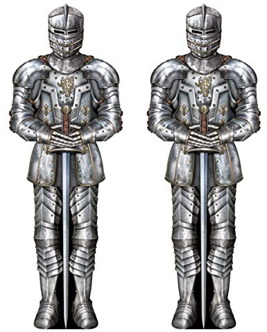 Beistle S57466AZ2 2-Pack Medieval Knight Jointed Figures Suit of Armor Foto-Requisiten-Hintergrund mit Ösen für Schloss-Mottoparty, Fantasie-Wanddekorationen, 1,8 m, Papier, Silber