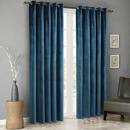 Singinglory Velvet Curtains Pencil Pleat Blackout Curtains 2 Panels with 2 Tiebacks Thermal Eyelet Curtain for Bedroom & Living Room Navy 90x90