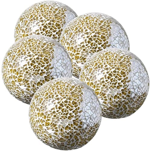 WHOLE HOUSEWARES Lot de 5 Boules de Mosaïque en Verre - Centre de Table Craquelé de 7,5 cm - Ensemble de Boule en Verre pour Décoration pour Salon/Salle à Manger